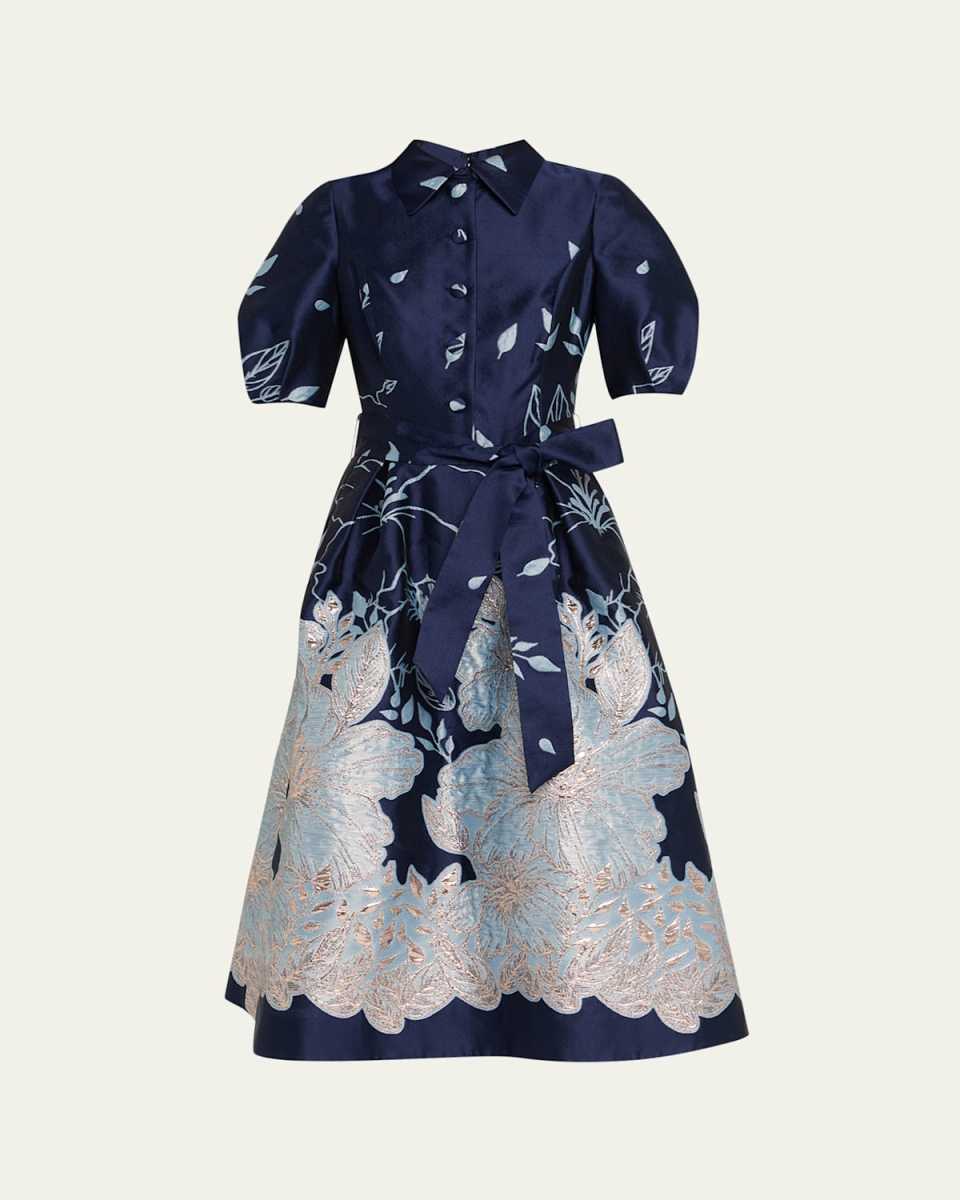 Puff-Sleeve Floral Jacquard Midi Shirtdress
